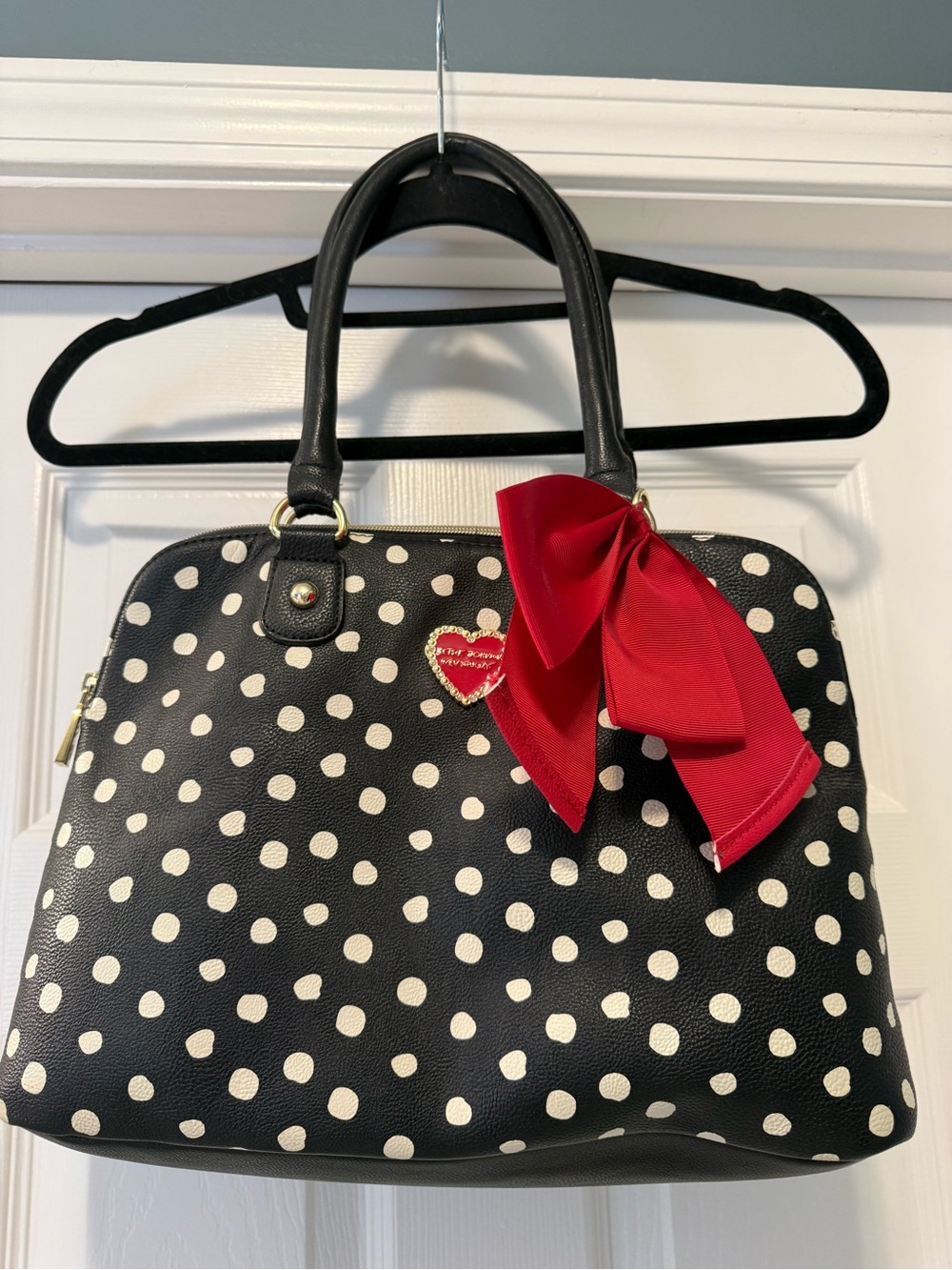 Betsey Johnson Black and White Polka Dot Satchel with Red Bow Accent